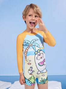 SEALOOK X SHEIN Young Boy Colorblock Cartoon Pattern One-Piece Long Sleeve Swimsuit - Multicolor - View 5