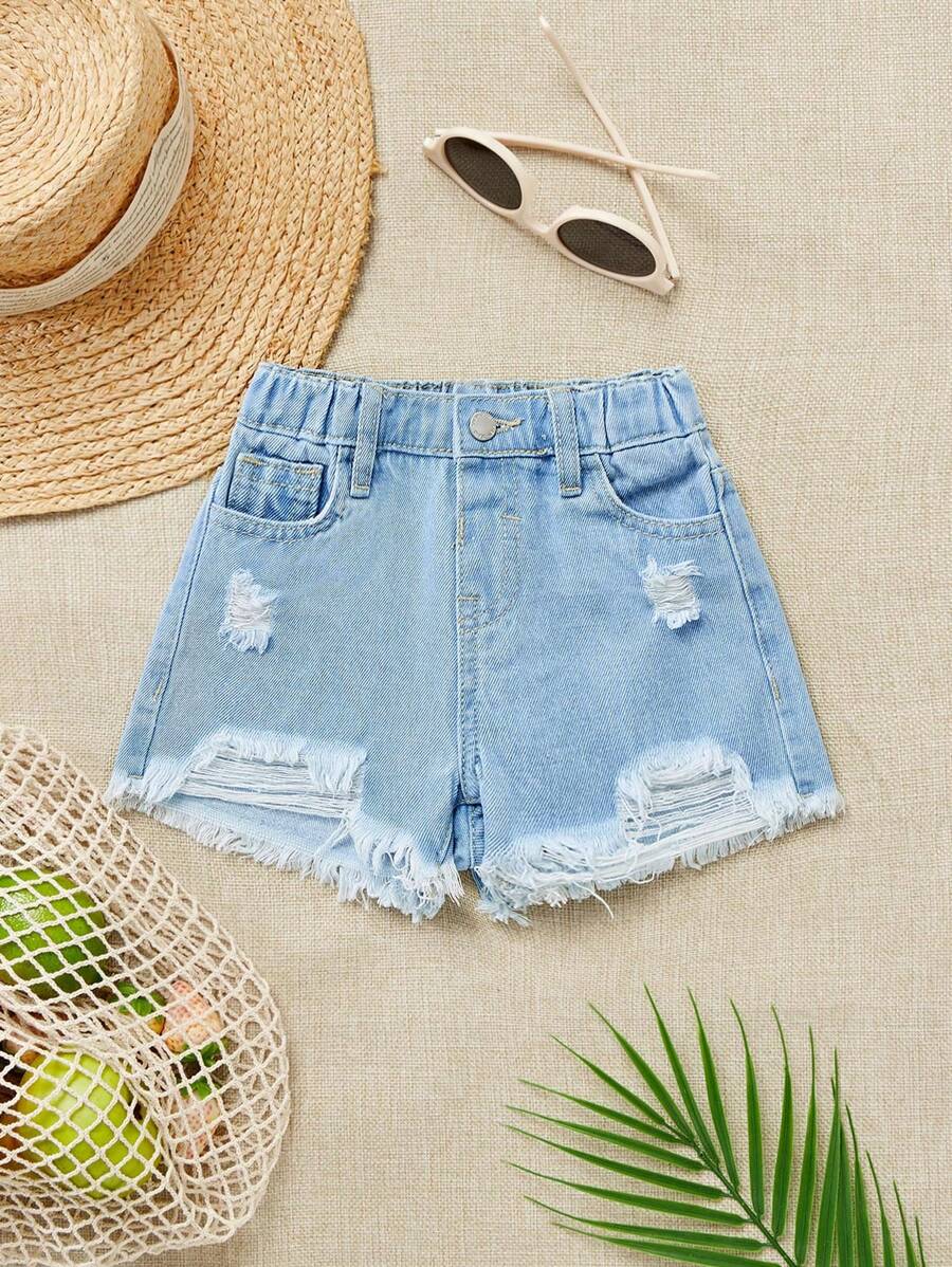 SHEIN Young Girl Vacation Casual Washed Distressed Denim Shorts - Light Wash - View 1