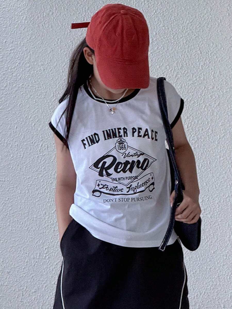 Dazy Kids ملابس علوية مطبوعة بياقة مستديرة للبنات المراهقات، صيفية، ملابس عودة إلى المدرسة - أبيض - مشاهدة 1