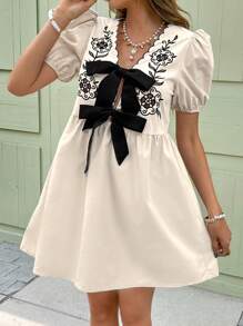 Serisse 女式花卉印花前结泡泡袖短款时尚迷你连衣裙 - 杏色 - 查看 5