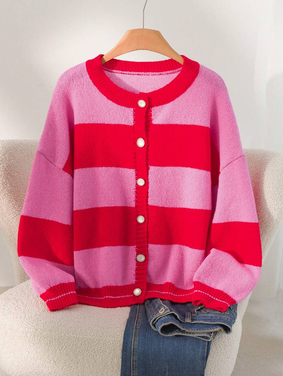 CosyJoli Cárdigan informal de punto a rayas de colores contrastantes, para otoño/invierno, tallas grandes