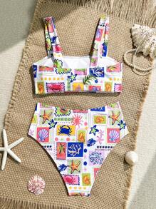 Swim Mod Conjunto de bañador de 2 piezas con cintura alta, ajustado y estampado floral aleatorio, vestimenta casual para playa y vacaciones de verano para mujer