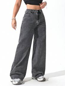 بنطال جينز واسع الساق وعالي الخصر مبشور بشكل مرتاح عادي