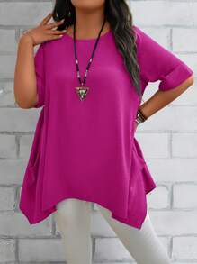 EMERY ROSE Plus Size Women's Summer Blue Round Neck Short Sleeve Double Pocket Loose Casual Mom Shirts Summer Clothes Women Summer Shirts Women Plus Clothing Formal