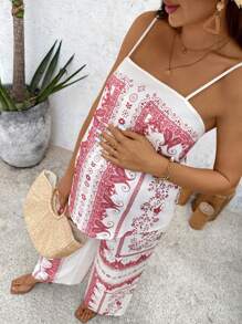 SHEIN 2 Stück Set aus Camisole und Hose für Schwangere mit Urlaubs-Lässig-Look in Cashewblüten-Muster - Rot-Weiß - Übersicht 5