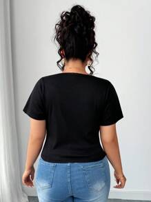Elenzga Plusstorlek Sommar Casual Enfärgad Spetskant Kortärmad T-shirt - Svart - Visa 2