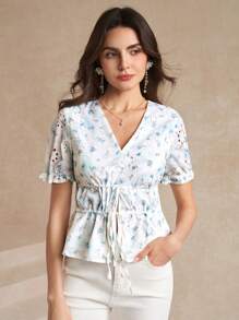 Amorya V-Neck Three-Dimensional Embroidered Printed Waist Cinching Strap With Bowknot Women's Blouse - Multicolor - View 7