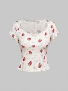 ROMWE Kawaii 春季休闲森系少女碎花弹力紧身蝴蝶结T恤女款 - 杏色 - 查看 1