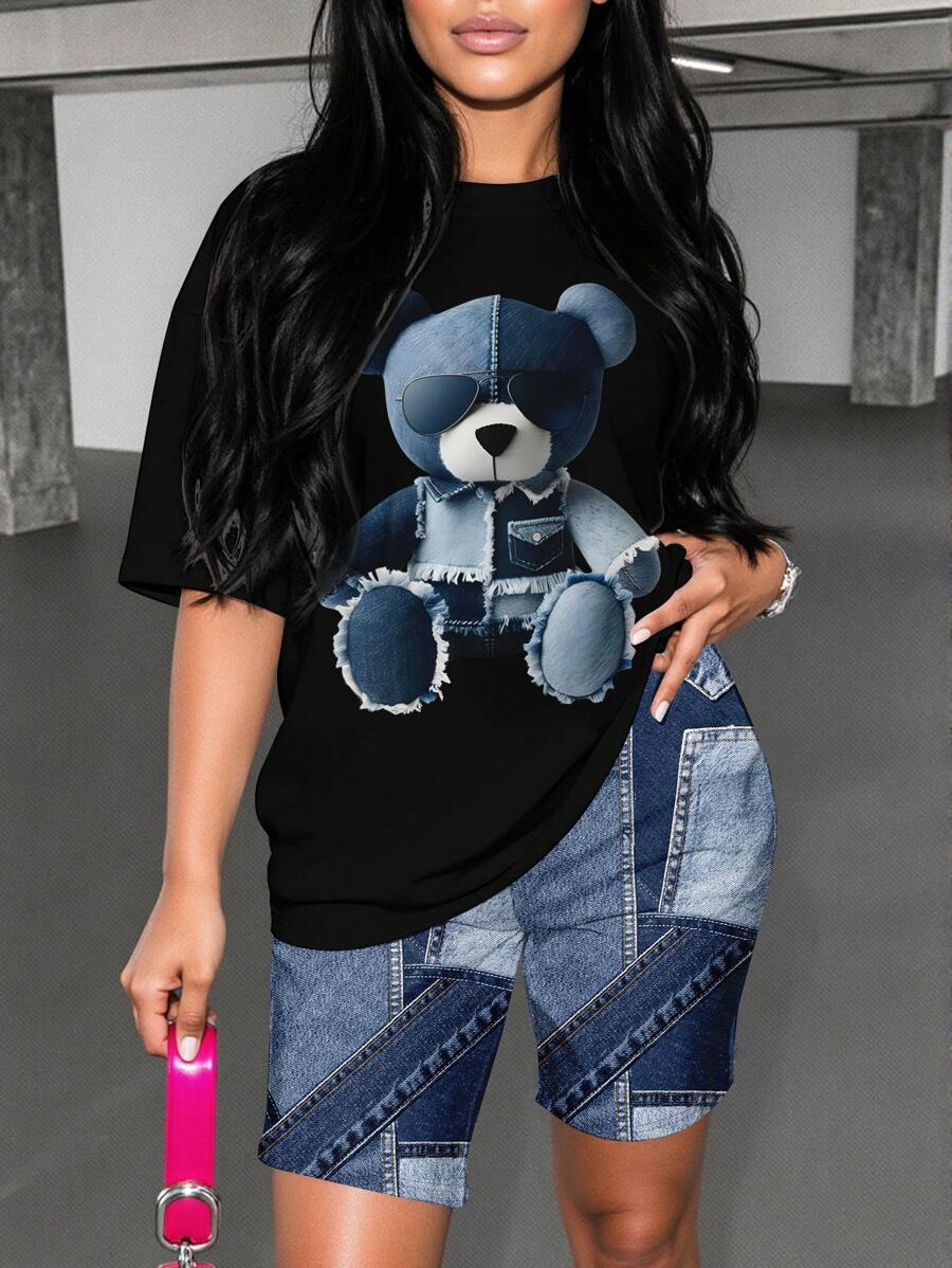 Slaydiva 2 件套大码女士休闲可爱卡通熊图案印花拼布短袖 T 恤和短裤套装，适合夏季 - 彩色 - 查看 1