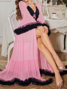 Snug Zone 3D Floral Trim Puff Sleeve Robe + Contrast Lace Side High Slit Sexy Heart Printed Mesh Nightgown Set - Pink - View 1