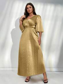 Firerie Elegant Romantic V-Neck Waist-Gathered Ruffle Sleeve A-Line Gold Pleated Long Dress, Suitable For Holiday, Birthday, Formal Occasions, Concerts - Gold - View 6