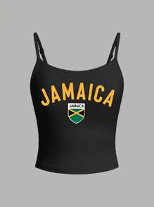 SHEIN EZwear Sexy Sports Style Jamaica Flag Football Printed Women Sleeveless Casual Tight Tank Top, Suitable For Summer And Sports Seasons