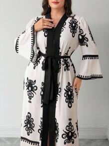 Modelyn Plus Size Women's Elegant Modest Dress: Long Sleeve, V Neck, Belted, Flared Hem, Black And White Floral Print Woven Fabric Maxi Dress - Multicolor - View 2