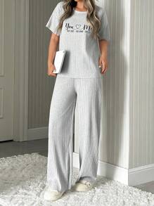 RueChic Women 2 Pcs Contrast Colour Lettered Homewear Short Sleeved & Long Bottom Pajama Set - Light Grey - View 4