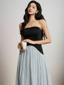 Heiryn Women Contrasting Color Bandeau Pleated Hem Elegant Dress - Multicolor - View 5