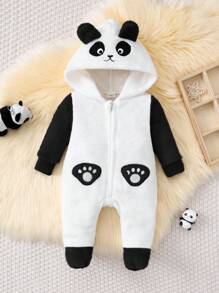 SHEIN 新生儿可爱熊猫耳朵刺绣图案连脚睡衣，婴儿连体衣家居服 - 黑色 - 查看 5