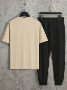 Manfinity Homme 2 件套男士字母印花圆领短袖 T 恤和抽绳运动裤，休闲夏季服装男士休闲套装男士休闲套装服装套装 2 件套休闲两件套男士 - 卡其色 - 查看 2