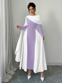 Chiquease Đầm dài tay xếp ly màu thanh lịch cho nữ - Màu tím - Xem 6