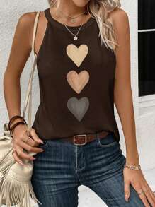 Attitoon Heart Pattern Casual Neck Tied Slim Fitting Tank Top For Women, Suitable For Summer Back To School - Brown - View 8