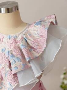 SHEIN Tween Girl Light Pink Delicate Floral Jacquard Splice Elegant Little Princess Summer Wedding Knee Length Dress,Cute Round Neck Ruffle Trim Cap Sleeve - Pink - View 10