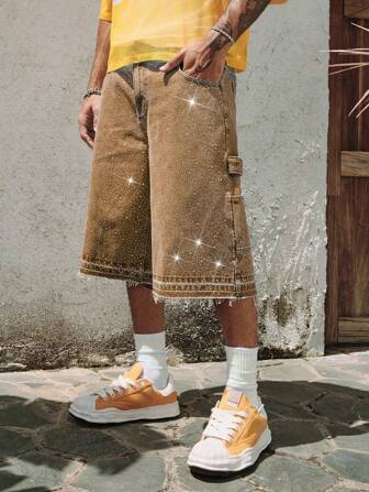 Street Life Pantaloncini in jeans larghi con strass per uomo