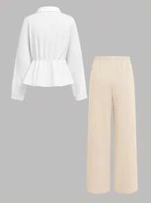 SHEIN Girlism Elegant Apricot Patchwork White Blouse Ruffled Long Sleeve & Wide Leg Pants Two Pieces Outfit, Vintage Style, Multi-Purpose Casual Wear For Teen Girls