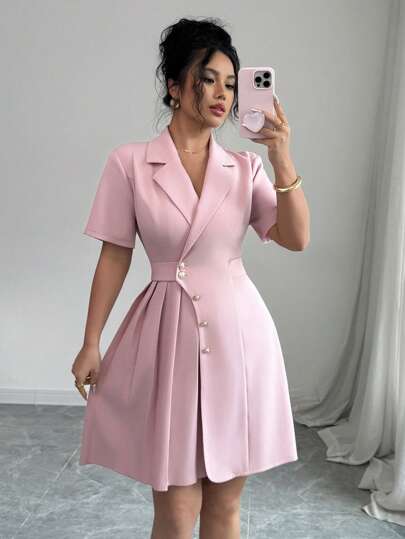 Elenzga فستان أنيق قصير للنساء بتصميم فريد من نوعه، بياقة على شكل حرف V ومنطقة الخصر مربوطة بحزام، باللون الوردي
