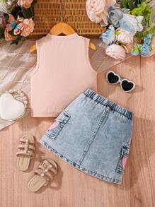 SHEIN 2件套年轻女孩休闲简约舒适圆领无袖上衣带口袋和牛仔A字裙套装 - 粉色 - 查看 2