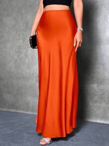 SHEIN Tall 女士纯色高腰缎面长裙 - 亮橙色 - 查看 5