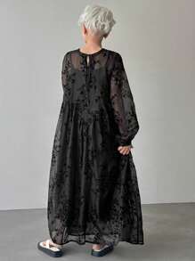 FRIFUL Women's Relaxed Fit Round Neck Midi Dress With Full Floral Print, Comfortable Casual Holiday/Music Festival Outfit Women Casual Dress Women Dresses Birthday Women Plus Black Dress Work Fall Dresses Women Plus Sun Dress Long Sleeve Dress