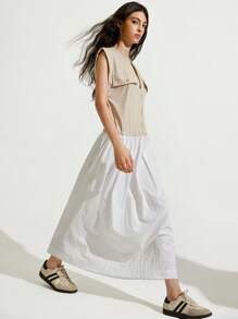 GENKIRA New Casual Round Neck Zipper Stitching Long Dress For Women, Spring/Summer - Khaki - View 2