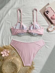 Swim Mod 2pcs Light Pink Shiny Nylon Fabric Underwire Push-Up Strap Bikini Set, Swimsuit For Women With White Floral Trim Decor, Suitable For Island, Beach Resort, Sweet & Refreshing Casual Style, Summer - Baby Pink - View 4