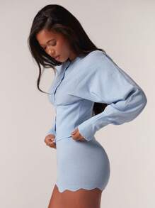 Athîral 女士柔软针织扇贝边修身开衫和热裤两件套秋冬 - 淺藍色 - 查看 5