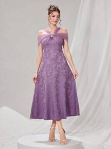 Poshira Women's Elegant Mesh Patchwork Jacquard Cold Shoulder Halter Formal Party Dress, Prom Dress