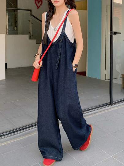 DAZY 女式夏季纯色休闲宽松牛仔背带裤和连体裤