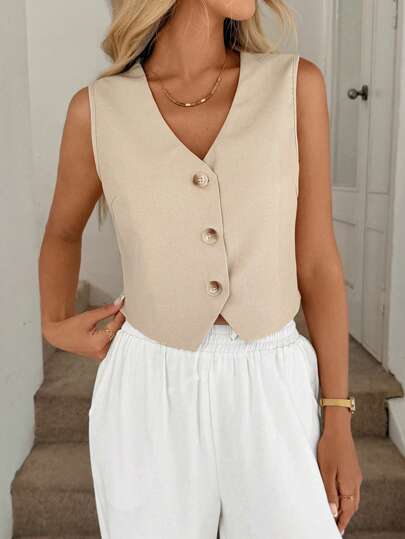 Easowa V-Ausschnitt Knopfleiste asymmetrischer Saum ärmelloses Hemd, lässiger Urlaubs-Elegant-Streetwear-Stil für Frauen, Frühling/Sommer Old Money Stil