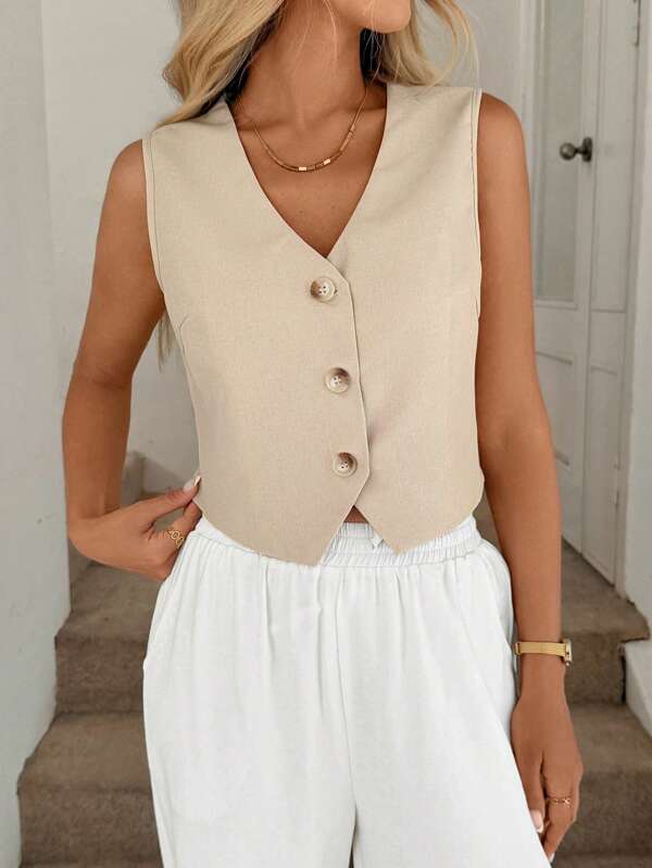 Easowa Camisa sin mangas con cuello en V, abotonada y bajo asimétrico, estilo casual, elegante y de vacaciones para mujer, estilo "Old Money" para primavera/verano