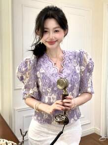 DAZY Women's Elegant Lace V-Neck Puff Sleeve Shirt, Summer