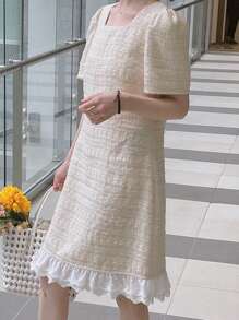 DAZY Square Neck Puff Sleeve Short Bodycon Elegant Women Mini Dress - White - View 4