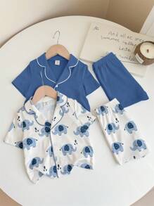 SHEIN 4pcs Baby Boy Cute Cartoon Elephant Print Solid Color Lapel Button Short Sleeve Shorts Loose Comfortable Pajama Set Graphic - Multicolor - View 6