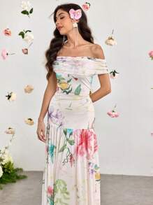 Modelyn 女式长款露肩浪漫花卉印花褶饰网眼优雅迷人度假连衣裙，春夏 - 彩色 - 查看 5