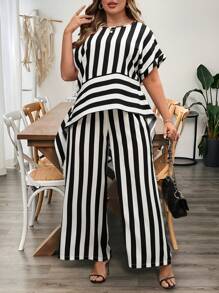 EMERY ROSE Damen Große Größen gestreiftes loses asymmetrisches Saum Rundhals Kurzarm Top und weite Hose 2-teiliges Set, lässige Strandurlaubs Mode für den Sommer - Schwarz und Weiss - Übersicht 4