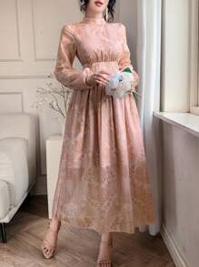 DAZY 女式优雅花卉印花高领长袖中长连衣裙，秋季 - 杏色 - 查看 4