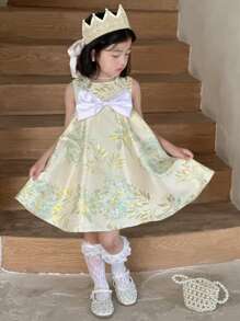 DAZY Young Girls Round Neck Party Bow Decor Elegant Sleeveless Formal Dress,Girls Summer Outfits - Mint Green - View 6