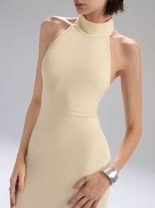 LYSMO Đầm suông hở lưng cổ chữ V sâu cho nữ - Kỳ nghỉ xuân/hè - 2025Hàng mới về - Màu be - Xem 5