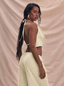 MUSERA Draped Halter Neck Strappy Linen Top Summer Holiday Vacation Cute Only Fall Autumn Carnival Festival Spring - Cream - View 3