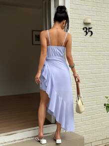 Sunnyshic 蓝色下摆开衩荷叶边系腰连衣裙 - 藍色 - 查看 2