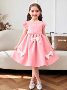 Young Girl Solid Color Round Neck Ruffle Trim Chiffon Dress - Pink - View 3