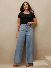 Anewsta Jeans droits amples simples avec ornements de strass, grande taille femme - Bleu azur - Voir 6