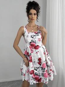 Momance Vestido premamá largo con estampado floral menudo, elegante escote cuadrado sin mangas, perfecto para vacaciones - Multicolor - Ver 4